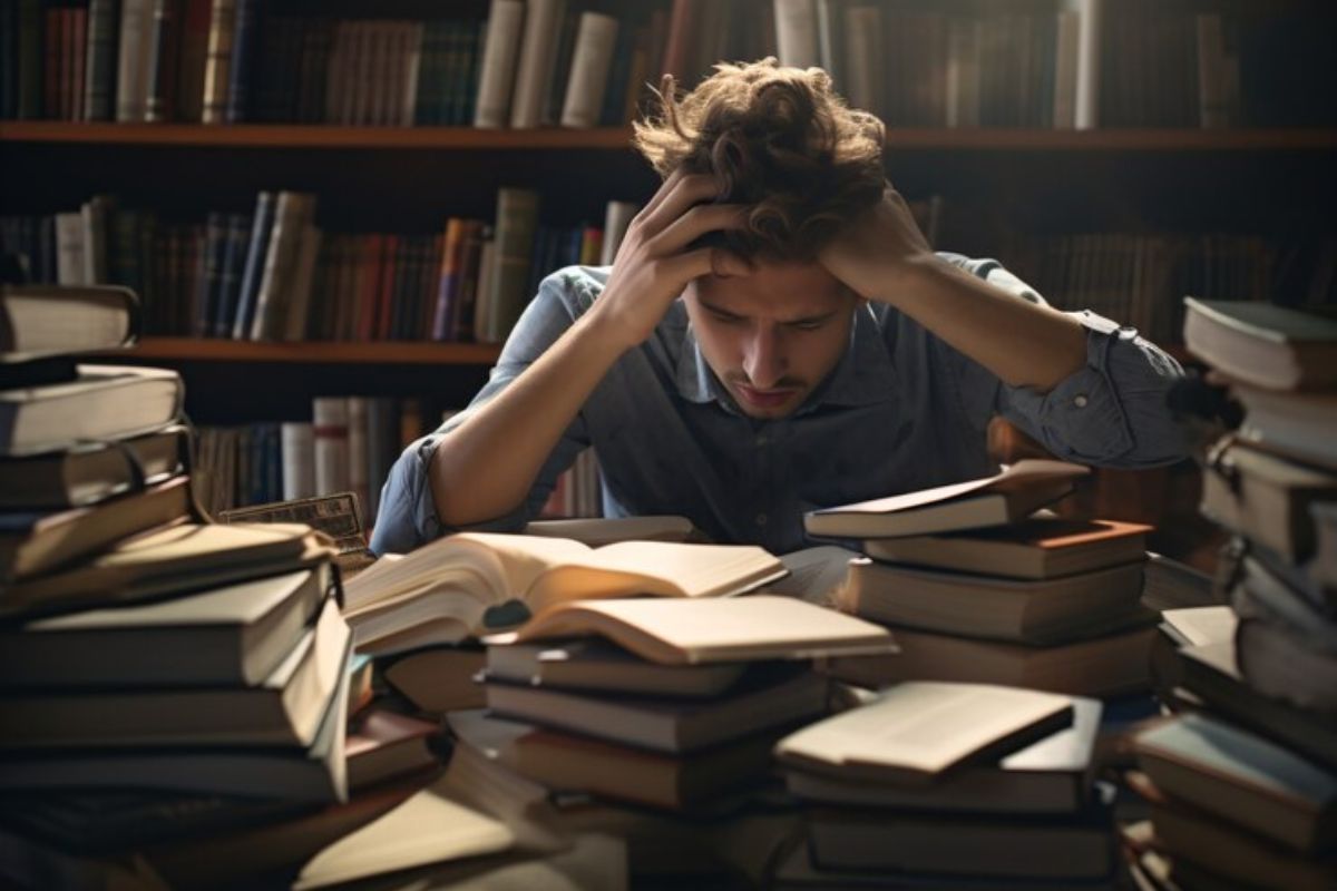 Um estudante com a mão na cabeça como se estivesse desesperado. Na mesa em que ele está há diferentes livros 