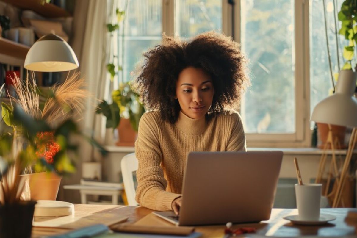 Uma estudante em seu quarto faz a inscrição no vestibular URCA 2025 pelo seu notebook