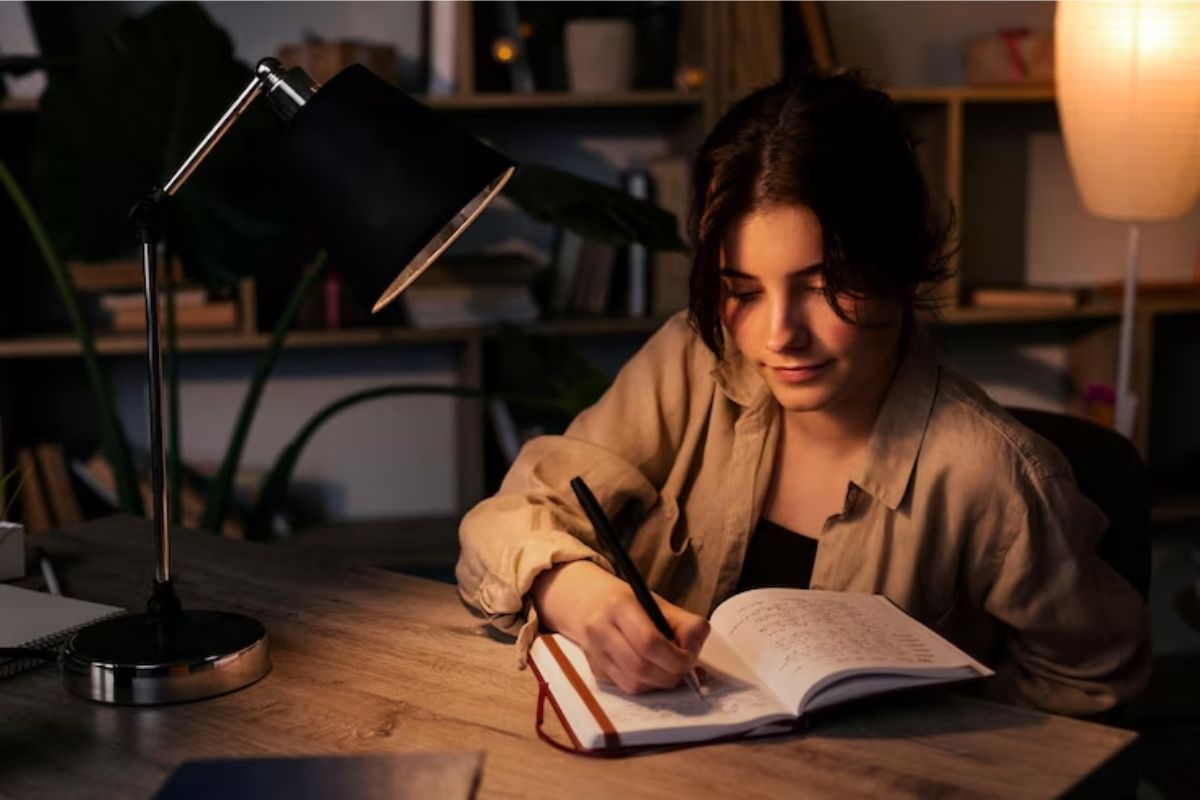 Uma menina (sobre pouca luz) estuda, sentada em sua escrivaninha onde há diferentes livros