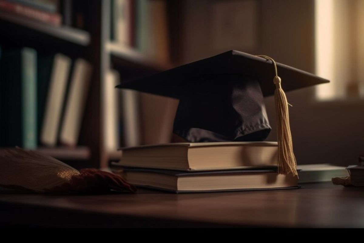 Imagem de um chapéu de formatura em cima de alguns livros