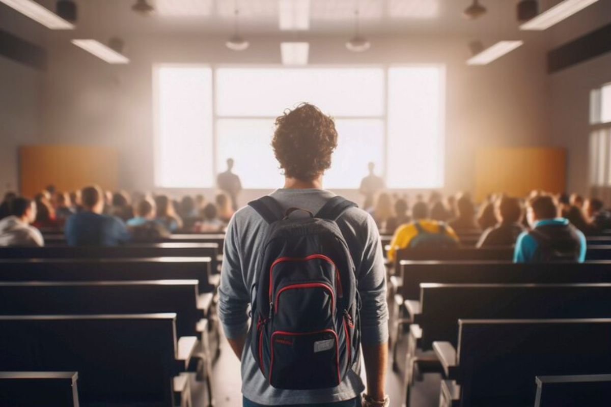 Um estudante visto de costas entrando na escola onde fará o Vestibular Santa Casa 2025