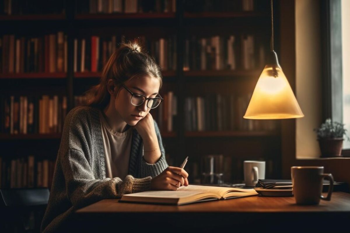 Uma jovem estuda em um ambiente com pouca luz. É possível vela escrevendo em seu caderno