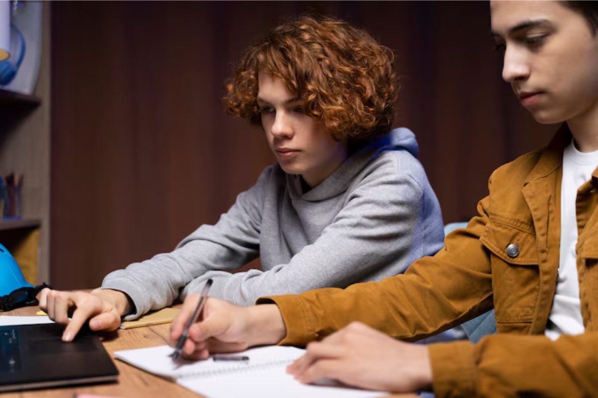 Dois estudantes na sala de aula. Eles escrevem apoiados em uma mesa onde há diferentes livros empilhados