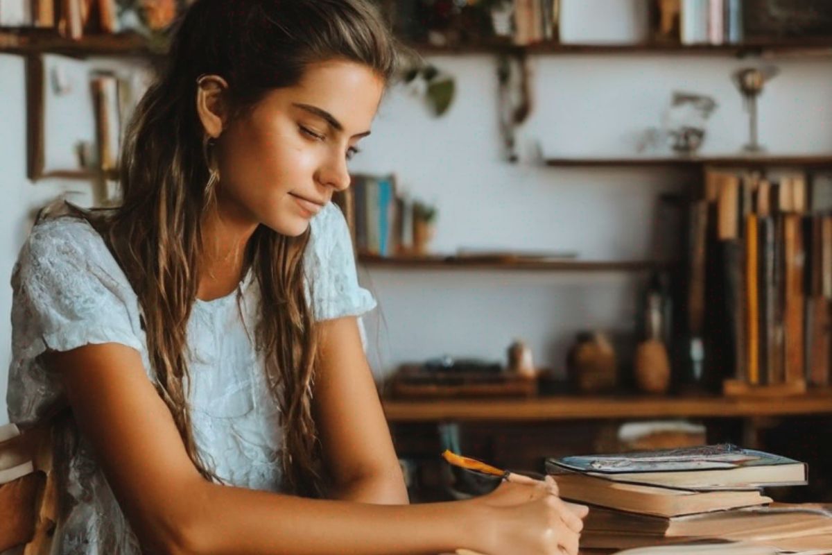 Uma menina em sua casa estuda no quarto. Ela está com o braço apoiado na mesa onde há diferentes livros