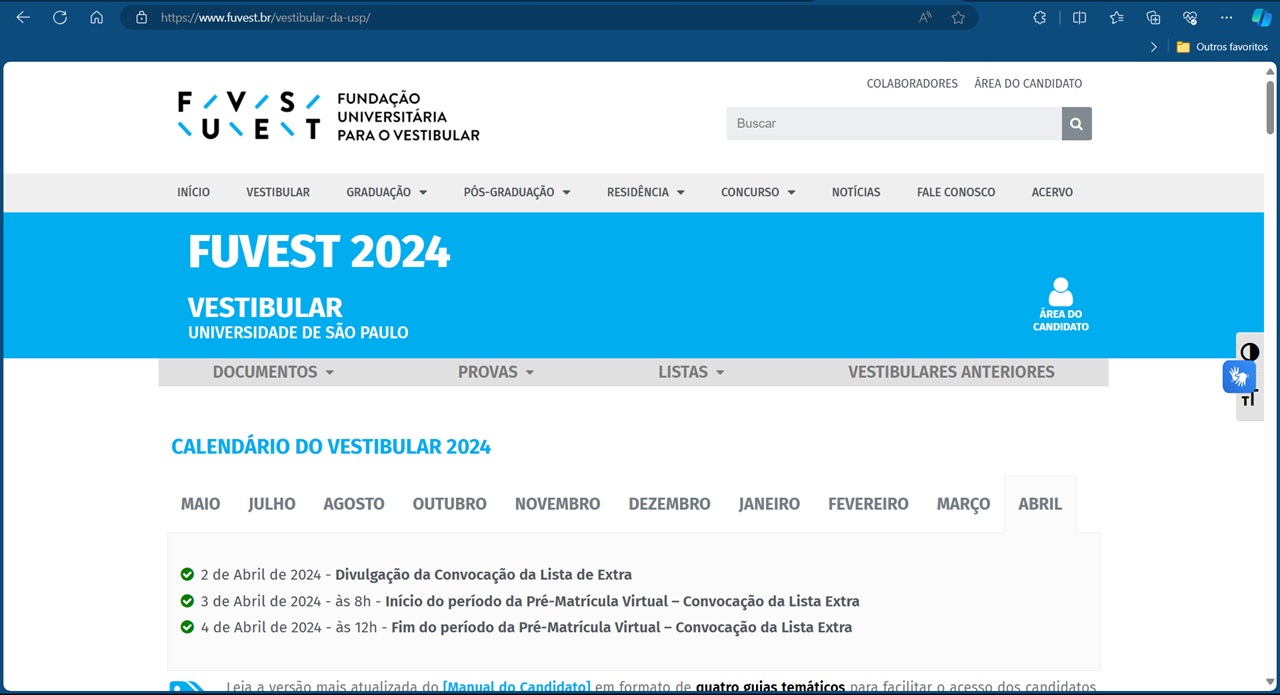 Portal Fuvest para incrição do vestibular da USP 