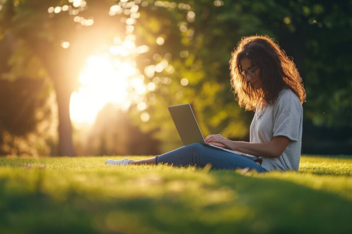 Uma menina estuda no campo da universidade com seu notebook no colo. Ela lê o edital do Vestibular UFU 2025