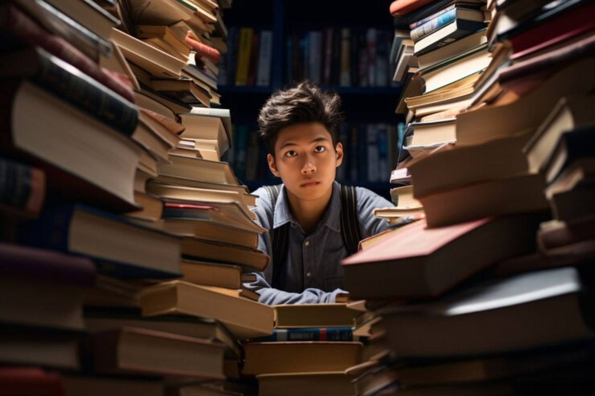 Um estudante no meio de uma pilha de livros, sentado na mesa