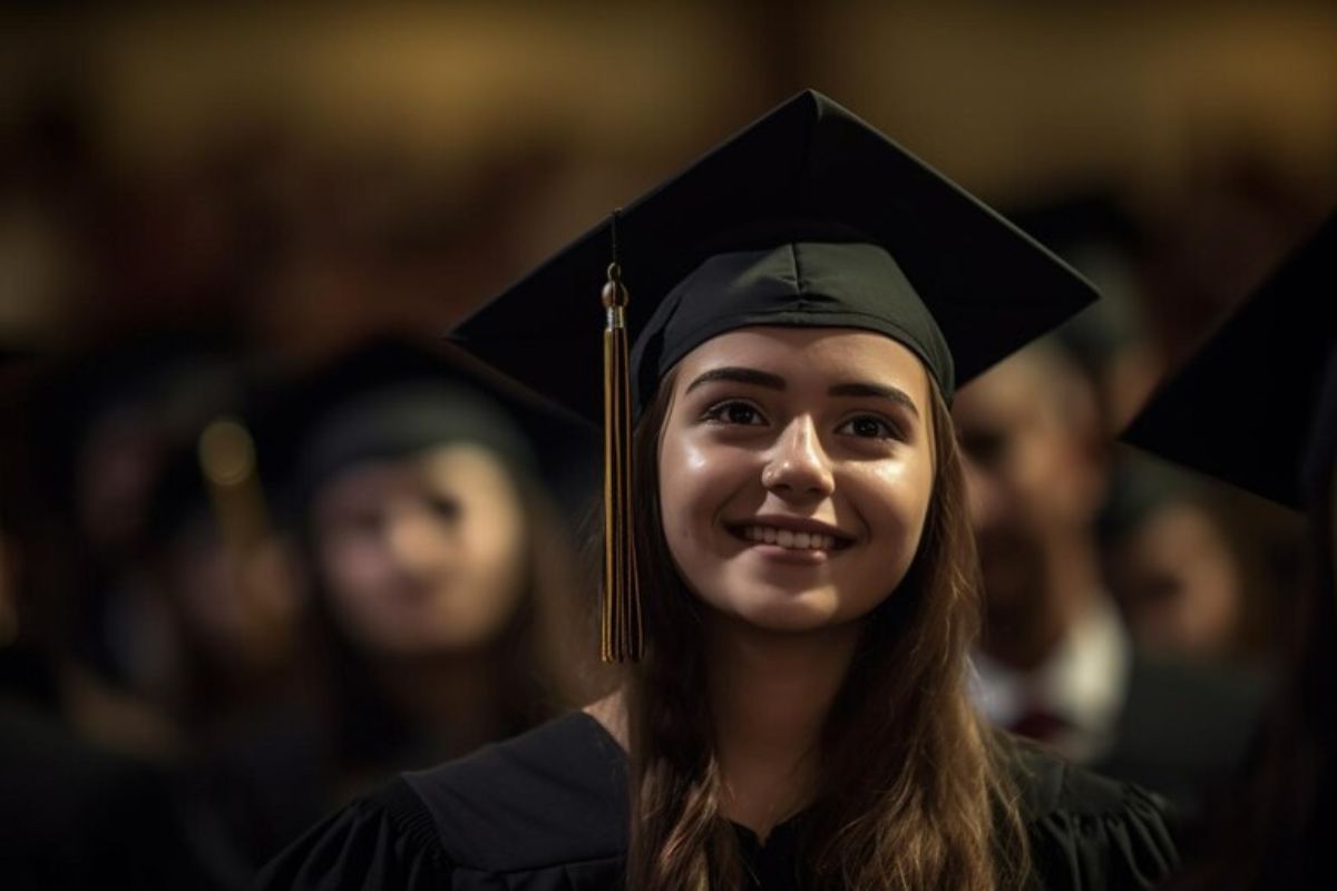 Uma estudante com a roupa de formatura pensando em vestibular de inverno 2025