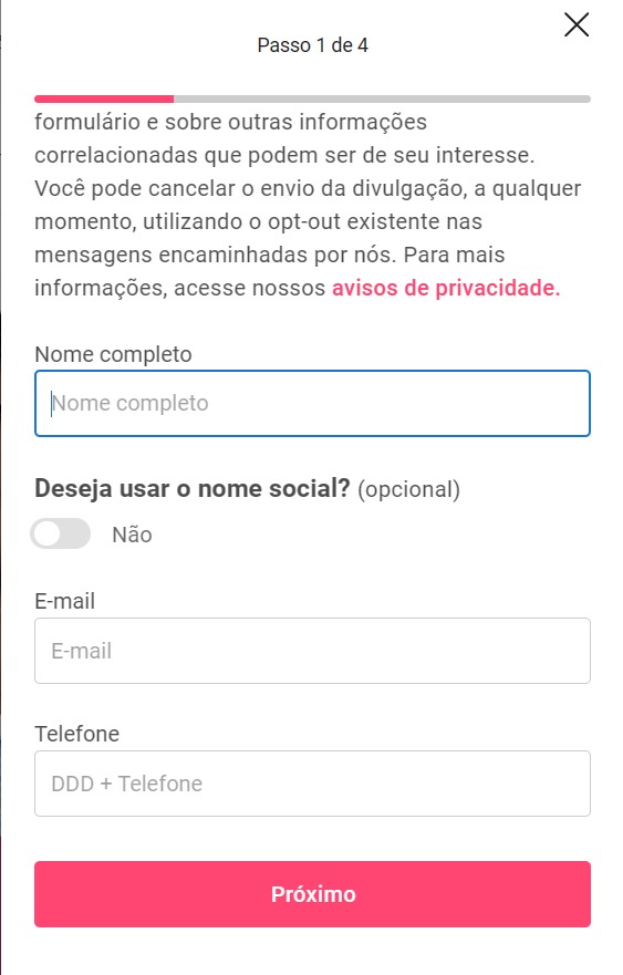 página de inscrição