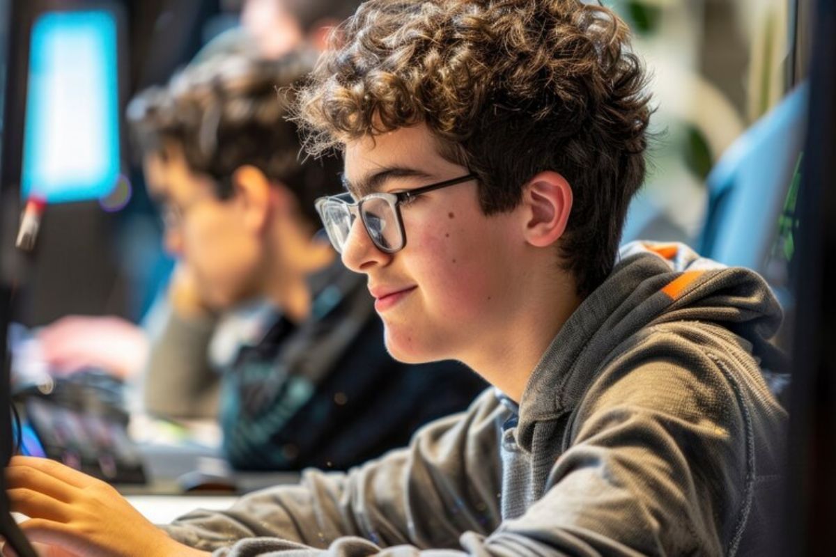 Um jovem sentado em frente ao computador. Ele está de óculos, estudando para o Vestibular Cederj 202