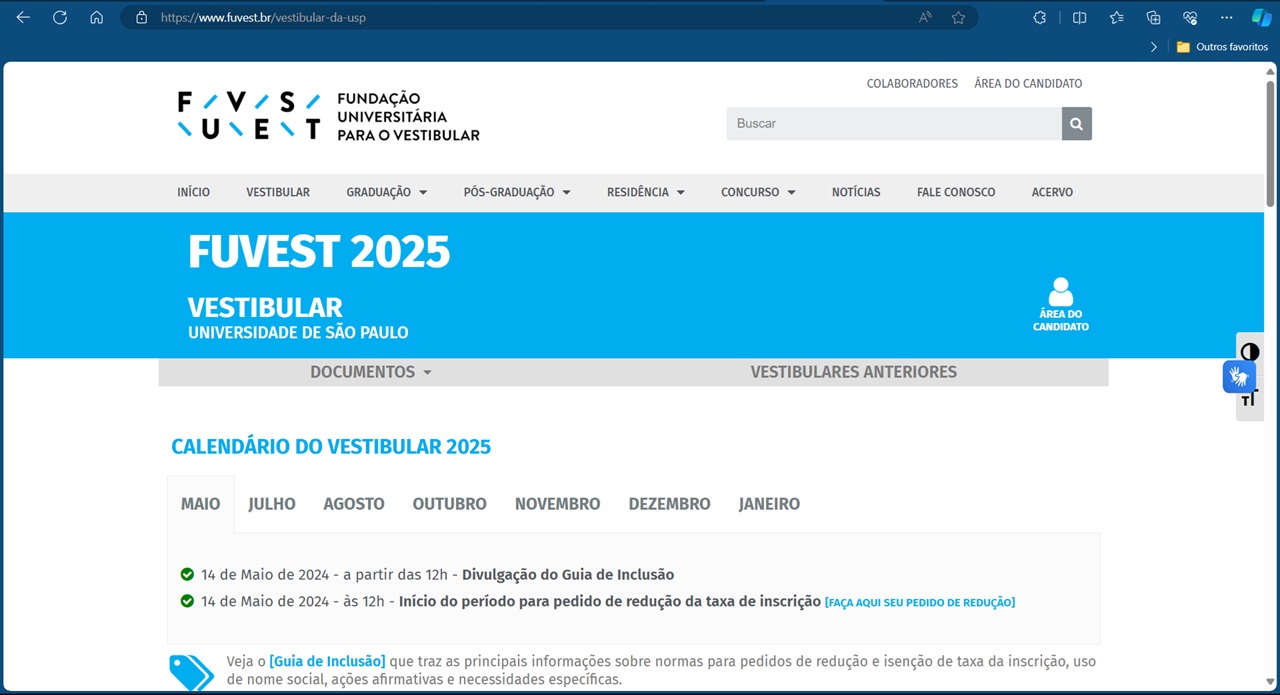 Portal Fuvest para inscrição do vestibular da USP 