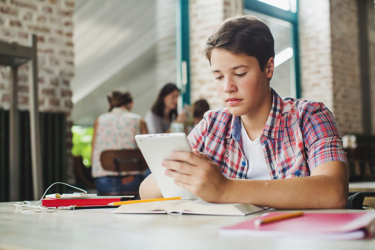 Jovem estuda em seu notebook 